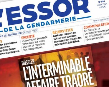 Extrait de la Une du n°591 du magazine L'Essor de la Gendarmerie, publié en juillet 2024.