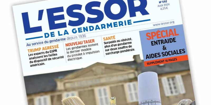 Extrait de la Une du n°592 du magazine L'Essor de la Gendarmerie, publié en Août 2024.